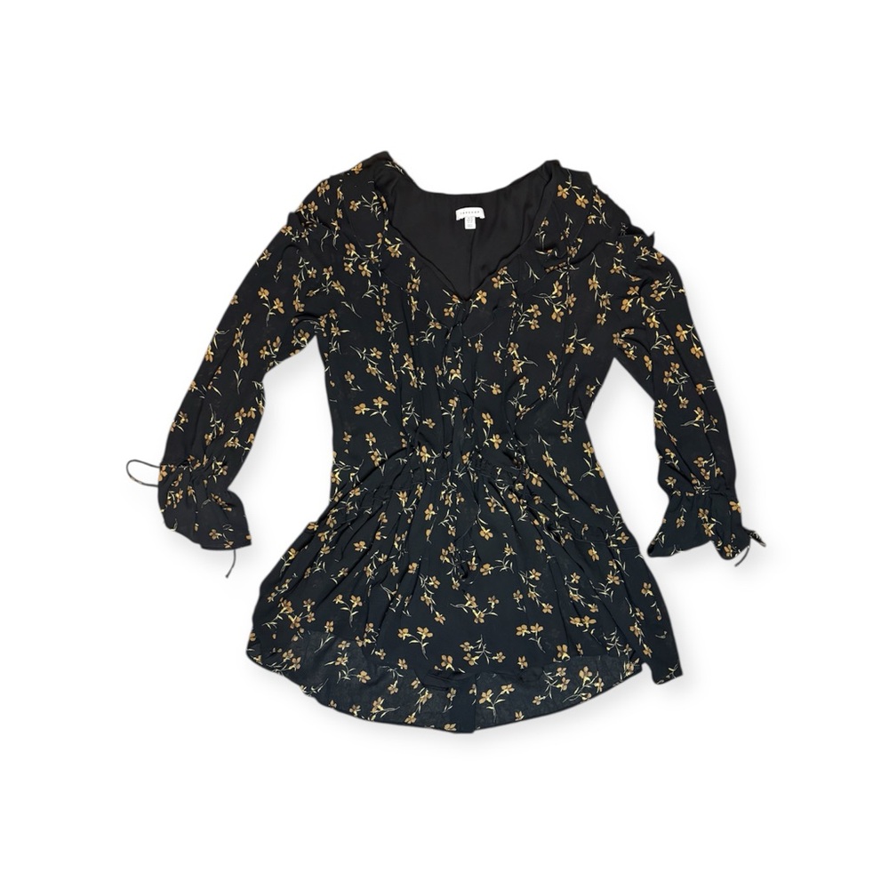 Topshop Black Floral Boho Mini Dress Ruffle Long Sleeve Size 10 - Picture 4 of 6